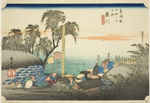 Fujikawa: Ansicht der Postaußenbezirke (Fujikawa, bohana no zu), aus der Serie Die dreiundfünfzig Stationen des Tokaido (Tokaido gojusan tsugi no uchi), auch bekannt als der Hoeido Tokaido von Utagawa Hiroshige