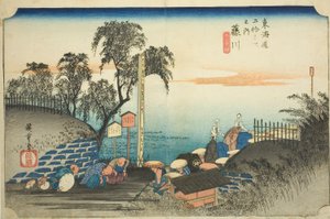 Fujikawa: Blick auf die Außenbezirke der Poststation (Fujikawa, bohana no zu), aus der Serie "Dreiundfünfzig Stationen des Tokaido (Tokaido gojusan tsugi no uchi)," auch bekannt als Hoeido Tokaido von Utagawa Hiroshige