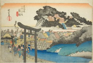 Fujisawa: Yugyo-Tempel (Fujisawa, Yugyoji), aus der Serie "Dreiundfünfzig Stationen der Tokaido-Straße (Tokaido gojusan tsugi no uchi)," auch bekannt als Hoeido Tokaido