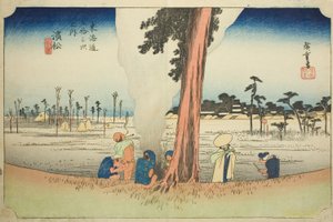 Hamamatsu: Winterszene (Hamamatsu, fuyugare no zu), aus der Serie "Dreiundfünfzig Stationen des Tokaido (Tokaido gojusan tsugi no uchi)", auch bekannt als der Hoeido Tokaido von Utagawa Hiroshige