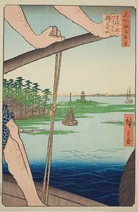 Haneda-Fähre und Benten-Schrein, Nr.72 aus der Serie "Hundert berühmte Ansichten von Edo"