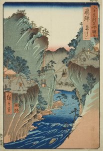 Provinz Hida: Korbfähre (Hida, Kagowatashi), aus der Serie "Berühmte Orte in den sechzig Provinzen (Rokujuyoshu meisho zue)" von Utagawa Hiroshige