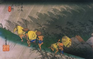 Reisende, überrascht von plötzlichem Regen von Utagawa Hiroshige