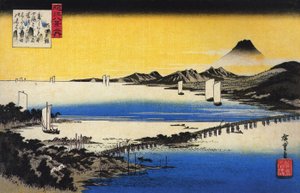 Blick auf eine lange Brücke über einen See von Utagawa Hiroshige