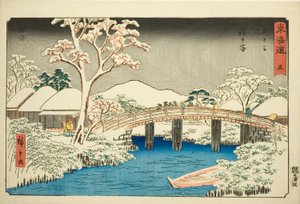 Hodogaya: Katabira-Fluss und Katabira-Brücke (Hodogaya, Katabiragawa Katabirabashi)—Nr. 5, aus der Serie "Dreiundfünfzig Stationen des Tokaido (Tokaido gojusan tsugi)", auch bekannt als Reisho Tokaido von Utagawa Hiroshige