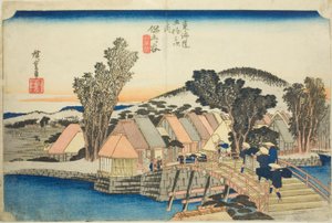 Hodogaya: Shinmachi-Brücke (Hodogaya, Shinmachibashi), aus der Serie "Dreiundfünfzig Stationen der Tokaido-Straße (Tokaido gojusan tsugi no uchi)," auch bekannt als der Hoeido Tokaido