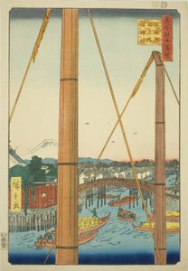 Inari-Brücke und Minato-Schrein, Teppozu (Teppozu Inaribashi Minato Jinja), aus der Serie "Hundert berühmte Ansichten von Edo (Meisho Edo hyakkei)" von Utagawa Hiroshige