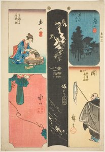 Kameyama, Seki, Sakanoshita, Tsuchiyama und Minakuchi, Nr. 11 aus der Serie "Ausschnitte des Tokaido (Tokaido harimaze zue)" von Utagawa Hiroshige