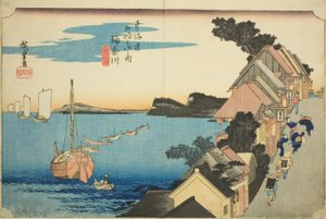 Kanagawa: Blick auf den Damm (Kanagawa, dai no kei), aus der Serie "Dreiundfünfzig Stationen der Tokaido-Straße (Tokaido gojusan tsugi no uchi)," auch bekannt als die Hoeido Tokaido von Utagawa Hiroshige