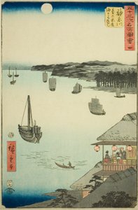 Kanagawa: Blick über das Meer von den Teehäusern auf dem Hügel, Nr. 4 aus der Serie "Berühmte Ansichten der dreiundfünfzig Stationen", auch bekannt als der vertikale Tokaido von Utagawa Hiroshige