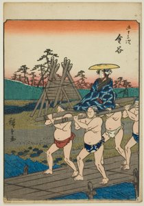 Kanaya, aus der Serie "Dreiundfünfzig Stationen [des Tokaido] (Gojusan tsugi)," auch bekannt als die Figuren-Tokaido (Jinbutsu Tokaido) von Utagawa Hiroshige
