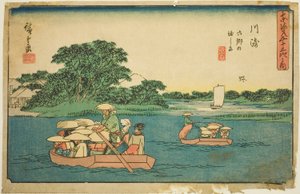 Kawasaki: Fährboote bei Rokugo (Kawasaki, Rokugo no watashibune), aus der Serie "Dreiundfünfzig Stationen des Tokaido (Tokaido gojusan tsugi no uchi)", auch bekannt als Gyosho Tokaido von Utagawa Hiroshige