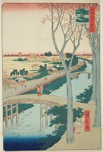 Koume-Damm (Koumezutsumi), Nr.104 aus der Serie "Hundert berühmte Ansichten von Edo (Meisho Edo hyakkei)" von Utagawa Hiroshige