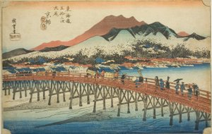 Kyoto: Die große Brücke bei Sanjo (Keishi, Sanjo ohashi), aus der Serie "Dreiundfünfzig Stationen des Tokaido (Tokaido gojusan tsugi no uchi)", auch bekannt als der Hoeido Tokaido