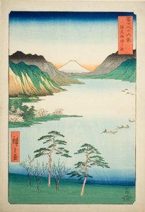 Der Suwa-See in der Provinz Shinano (Shinshu Suwa no mizuumi), aus der Serie "Sechsunddreißig Ansichten des Berges Fuji (Fuji sanjurokkei)" von Utagawa Hiroshige