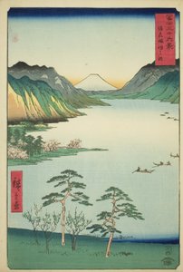 Der Suwa-See in der Provinz Shinano, aus der Serie "Sechsunddreißig Ansichten des Berges Fuji" von Utagawa Hiroshige