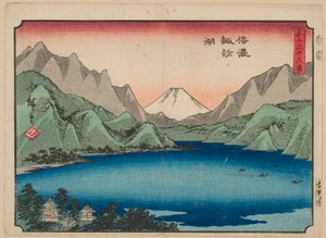 See Suwa in der Provinz Shinano, aus der Serie „36 Ansichten des Berges Fuji“ von Utagawa Hiroshige
