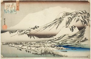Verweilender Schnee auf dem Berg Hira (Hira no bosetsu), aus der Serie "Acht Ansichten der Provinz Omi (Omi hakkei no uchi)" von Utagawa Hiroshige