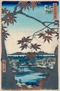 Ahornblätter und das Tekona-Schrein und Brücke in Mama, 1856-1858 von Utagawa Hiroshige