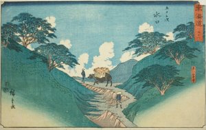 Minakuchi: Die schönen Kiefern am Berg Hiramatsu (Minakuchi, Hiramatsuyama bisho)—Nr. 51, aus der Serie "Dreiundfünfzig Stationen des Tokaido (Tokaido gojusan tsugi)", auch bekannt als Reisho Tokaido von Utagawa Hiroshige