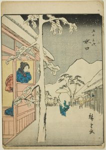 Minakuchi, aus der Serie "Dreiundfünfzig Stationen [des Tokaido] (Gojusan tsugi)," auch bekannt als die Figuren-Tokaido (Jinbutsu Tokaido) von Utagawa Hiroshige