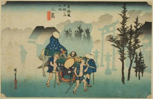 Mishima: Morgennebel (Mishima, asagiri), aus der Serie "Dreiundfünfzig Stationen der Tokaido-Straße (Tokaido gojusan tsugi no uchi)," auch bekannt als Hoeido Tokaido von Utagawa Hiroshige