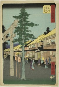 Mishima: Das erste Tor des Mishima Daimyojin-Schreins, Nr. 12 aus der Serie "Berühmte Ansichten der dreiundfünfzig Stationen," auch bekannt als das vertikale Tokaido von Utagawa Hiroshige