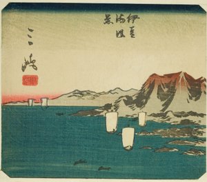 Mishima, Abschnitt des Blattes Nr. 3 aus der Serie "Ausschnittbilder des Tokaido (Tokaido harimaze zue)" von Utagawa Hiroshige