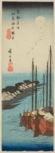 Nebliges Mondlicht am Ufer der Insel Tsukuda (Tsukudajima kaihen oborozuki), aus der Serie "Berühmte Orte in der östlichen Hauptstadt (Toto meisho)" von Utagawa Hiroshige