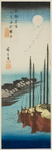 Nebliger Mond über der Küste der Insel Tsukuda (Tsukudajima kaihen oborozuki), aus der Serie "Berühmte Orte in der östlichen Hauptstadt (Toto meisho)"