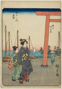 Miya, aus der Serie "Dreiundfünfzig Stationen [des Tokaido] (Gojusan tsugi)," auch bekannt als die Figuren-Tokaido (Jinbutsu Tokaido) von Utagawa Hiroshige