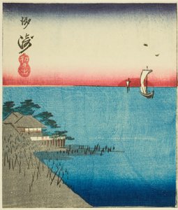 Morgenmarkt an der Nihon-Brücke (Nihonbashi, asaichi), Abschnitt eines Blattes aus der Serie "Ausschnitte berühmter Orte in Edo (Harimaze Koto meisho)" von Utagawa Hiroshige