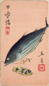 Morgenmarkt an der Nihon-Brücke (Nihonbashi, asaichi), Abschnitt eines Blattes aus der Serie "Ausschnitte berühmter Orte in Edo (Harimaze Koto meisho)" von Utagawa Hiroshige