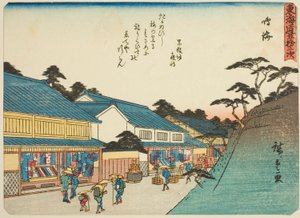 Narumi, aus der Serie "Dreiundfünfzig Stationen des Tokaido (Tokaido gojusan tsugi)," auch bekannt als der Tokaido mit Gedicht (Kyoka iri Tokaido)