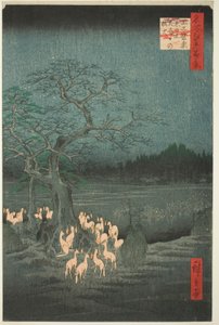 Silvester-Fuchsfeuer am Wechselbaum (Ōji shozoku enoki omisoka no kitsunebi), aus der Serie Hundert berühmte Ansichten von Edo (Meisho Edo hyakkei) von Utagawa Hiroshige