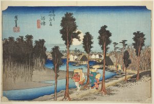 Numazu: Dämmerung (Numazu, tasogare zu), aus der Serie "Dreiundfünfzig Stationen der Tokaido-Straße (Tokaido gojusan tsugi no uchi)", auch bekannt als Hoeido Tokaido von Utagawa Hiroshige