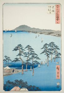 Oiso: Saigyos Hütte am Shigitatsu-Sumpf (Oiso, Shigitatsusawa Saigyoan), Nr. 9 aus der Serie "Berühmte Ansichten der dreiundfünfzig Stationen (Gojusan tsugi meisho zue)", auch bekannt als der Vertikale Tokaido von Utagawa Hiroshige