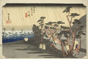 Oiso: Toras Regen, aus der Serie „Dreiundfünfzig Stationen der Tokaido-Straße“, auch bekannt als Hoeido Tokaido von Utagawa Hiroshige