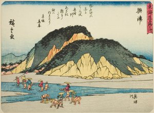 Okitsu: Der Okitsu-Fluss (Okitsu, Okitsugawa), aus der Serie "Dreiundfünfzig Stationen des Tokaido (Tokaido gojusan tsugi)", auch bekannt als der Tokaido mit Gedicht (Kyoka iri Tokaido)