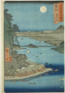 Provinz Omi: Biwa-See und Ishiyama-Tempel (Omi, Biwako Ishiyamadera), aus der Serie "Berühmte Orte in den sechzig Provinzen (Rokujuyoshu meisho zue)" von Utagawa Hiroshige