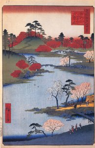 Offener Garten am Hachiman-Schrein in Fukagawa. Einhundert berühmte Ansichten von Edo, um 1858 von Utagawa Hiroshige
