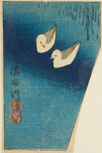 Austernfischer am Sumida-Fluss (Sumidagawa, miyakodori), Abschnitt eines Blattes aus der Serie "Ausschnitte berühmter Orte in Edo (Harimaze Koto meisho)" von Utagawa Hiroshige