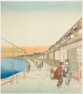 Fußgänger und Geschäfte am Hafen von Shinagawa von Utagawa Hiroshige