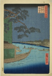 Kiefer des Erfolgs und Oumayagashi, Asakusa-Fluss (Asakusagawa shubi no matsu Oumayagashi), aus der Serie "Hundert berühmte Ansichten von Edo (Meisho Edo hyakkei)" von Utagawa Hiroshige
