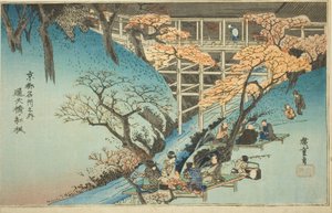 Rote Ahornbäume an der Tsuten-Brücke, aus der Serie "Berühmte Orte in Kyoto" von Utagawa Hiroshige