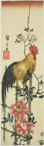 Hahn auf einer Rosenspalier von Utagawa Hiroshige