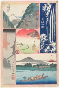 Ryōben-zan Fall, Fähre bei Tamura, Morgennebel am Ōyama-Schrein, Berg und Tal, Souvenir von Koyasu von Utagawa Hiroshige