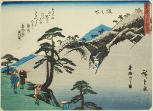 Sakanoshita: Ansicht des Berges Fudesute (Sakanoshita, Fudesuteyama no zu), aus der Serie "Dreiundfünfzig Stationen des Tokaido (Tokaido gojusan tsugi)" von Utagawa Hiroshige