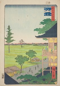 Sazai-Halle des Fünfhundert-Rakan-Tempels (Gohyaku Rakan Sazaido), Nr. 66 aus der Serie „Hundert berühmte Ansichten von Edo (Meisho Edo hyakkei)“ von Utagawa Hiroshige