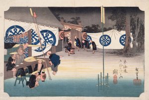 Seki, Frühe Abreise aus dem Daimyos Gasthaus, aus Dreiundfünfzig Stationen auf der Tokaido-Straße, ca. 1834 von Utagawa Hiroshige